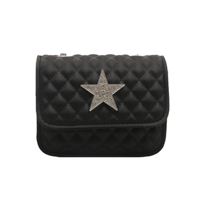 Quilted black crossbody bag with silver star ornament and luxury metal chain strap