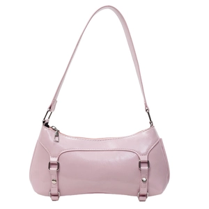 Chic pink Y2K baguette underarm bag in glossy PU leather with silver metal rivets