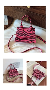 Detailed view of mini zebra print crossbody bag in pink and black with golden hardware