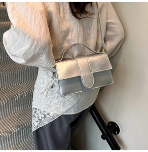 Silver metallic crossbody bag with pearl tassel detail and fashion text on flap