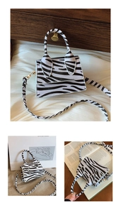 Macro shot of zebra print mini crossbody bag with top handle and fine leather texture