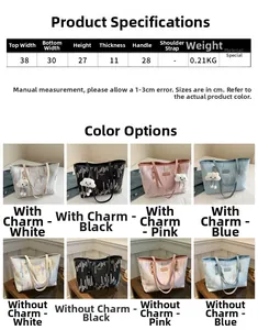 Size chart showing large tote bag dimensions with top width 38cm and high capacity design