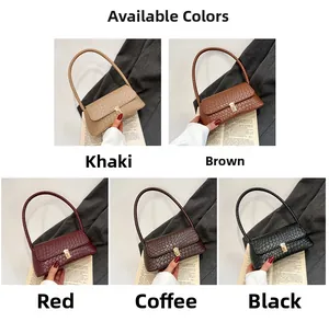Detail view of woven leather shoulder bags in khaki, brown, red, coffee, and black tones