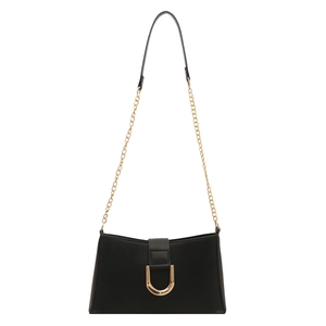 French style black baguette shoulder bag with gold U-shaped buckle and metal chain strap