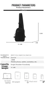 Tableau des tailles du sac de poitrine en nylon noir avec dimensions 15.5x21x5cm