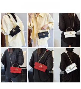 Collage of model wearing crossbody small square bag with M logo and chain strap