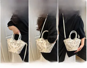Three-way embroidery floral tote bag showing handbag, shoulder, and crossbody styles