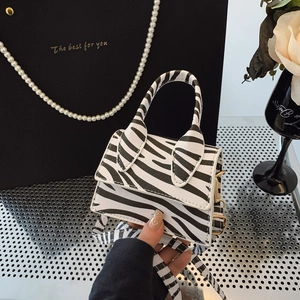 Mini zebra print square crossbody bag with top handle and gold hardware detail
