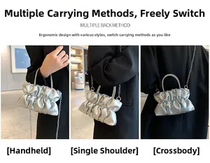 Silver pleated cloud handbag with rhinestone handle and chain strap in three styles