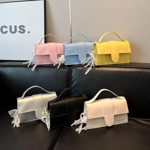 PU Leather Square Crossbody Bag For Women Chic Candy Color Flap Handbag With Artificial Pearl Lace Pendant Korean Style