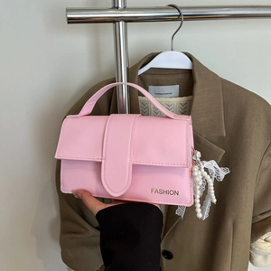 Pink candy-colored mini square bag with fashion lettering and pearl lace charm strap