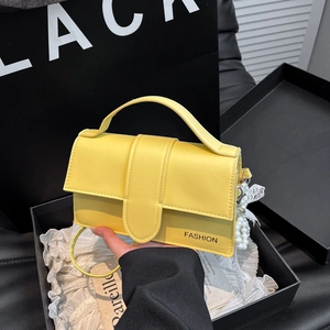 Chic yellow square handbag with pearl lace charm and top handle in a black gift box