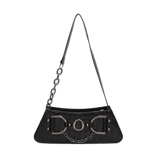 Retro black crocodile pattern underarm bag with punk metal chains and rivets