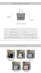 Size guide for large PU leather tote bag showing measurements and five color options