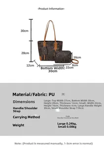 Detailed size chart for two-piece tote bag set with monogram print and PU leather material
