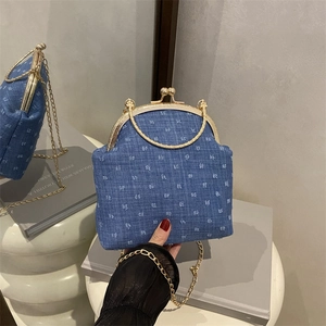 Vintage Women's Kiss-lock Handbag With Dot Texture Fabric Gold Chain Shoulder Bag Elegant Evening Bag Crossbody Purse For Banquet