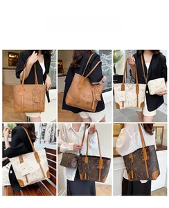 Collage showing three colors of vintage monogram tote bags with matching coin purses