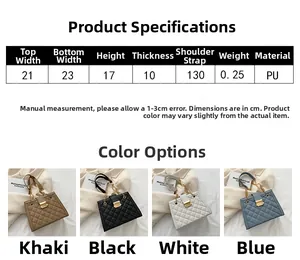 Detailed size guide and color options for the quilted crossbody bag with metal chain