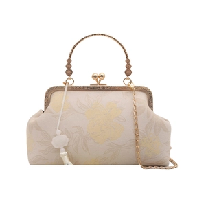 Elegant Chinese vintage shell bag with gold peony embroidery and white silk tassel