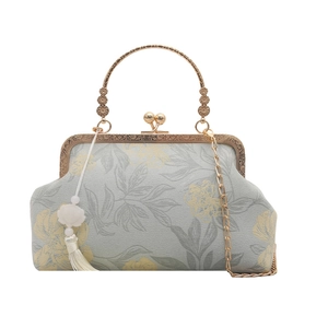 Floral crossbody square bag with vintage gold handle and white silk tassel detail
