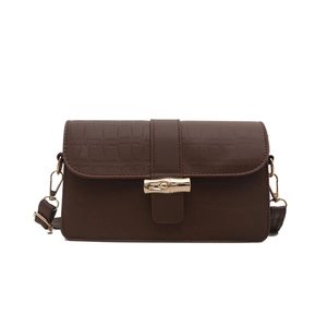 Deep brown crocodile embossed leather shoulder bag with elegant bamboo metal clasp buckle