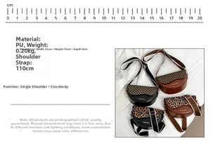 Detailed size chart for a leopard print saddle bag showing 23cm width and 15cm height