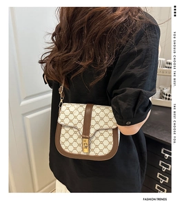 Detail of vintage saddle bag with brown monogram pattern and golden metal clasp