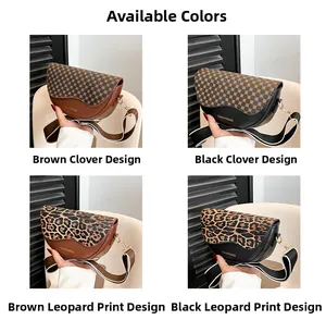 Detail view of retro saddle bags in clover monogram and leopard print with canvas straps