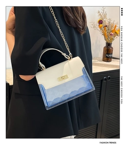 Detail view of the blue transparent PVC bag with white leather top and gold chain strap