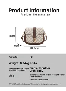 Detailed view of monogram print on saddle bag with metal clasp and leather strap