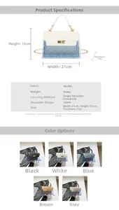 Detailed size specifications and material chart for the PVC and PU small square crossbody bag