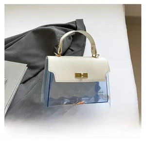 Close-up of blue quilted PVC bag with white leather handle and gold twist lock