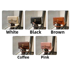 Multiple views of trendy crocodile pattern mini crossbody bags in five colors with U-shaped lock