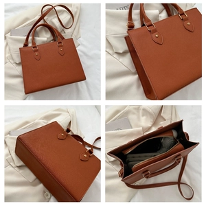 Detailed views of brown tote bag showing leather texture, golden hardware and inner space