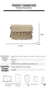 Detailed size chart and dimensions of the ethnic woven straw bag with shell details