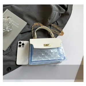 Detail view of transparent PVC square bag with white flap and gold metal twist lock