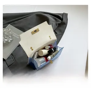 Interior view showing storage capacity for phone and cosmetics in blue transparent bag