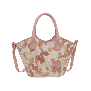 Elegant floral embroidery tote bag with pink leather handles and adjustable shoulder strap