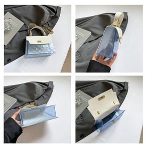 Detail view of transparent blue PVC crossbody bag with diamond lattice and gold lock