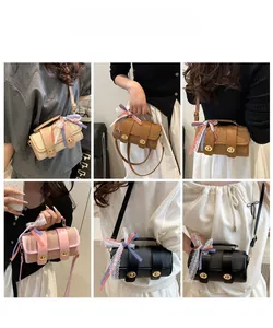 Collage of model wearing woven contrast handbags in beige, brown, pink and black