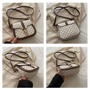 Detailed four-angle view of monogram crossbody bag with gold-tone twist lock closure