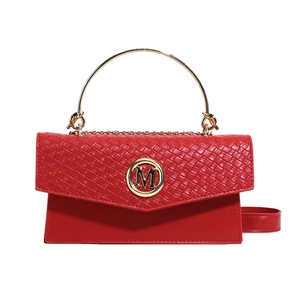 Red woven texture shoulder bag with gold M-logo buckle and metal chain strap