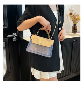 Detail of transparent PVC crossbody bag with khaki leather flap and gold chain strap