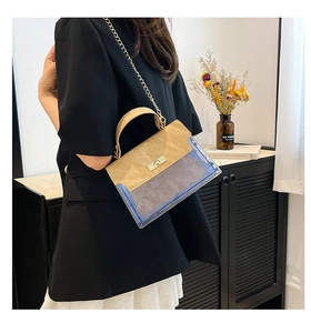 Detail of transparent PVC crossbody bag with tan leather flap and golden chain strap