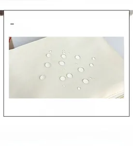 Close-up of waterproof fabric showing water droplets on the cream backpack surface