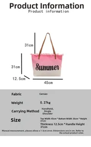 Detaillierte Maßangaben für rosa Canvas-Tragetasche mit Farbverlauf und Sommer-Aufdruck