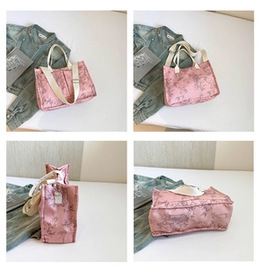 Pink tote bag with bamboo leaf print shown from front, side and bottom views