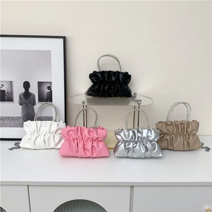 Fashion pleated cloud bags with rhinestone handles and chain straps in five colors