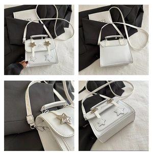 Detailed views of a white leather crossbody bag featuring star-shaped metal ornaments