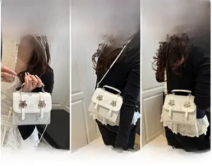 Detail showing three ways to wear the white square leather handbag with star metallic logo